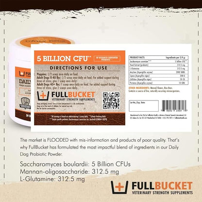 FullBucket Daily Dog Probiotic 30 Servings - Support Natural Digestion, Treat & Prevent Diarrhea - Probiotics, Prebiotics & Digestive Enzymes All in One Tasty Probiotic Powder for Dogs