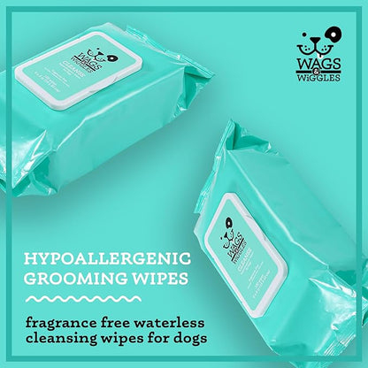 Wags & Wiggles Hypoallergenic Dog Wipes for Sensitive Skin, Fragrance Free Waterless Cleansing Towelettes for Paws Face Body & Rear, No SLS DEA Parabens, 100 Count