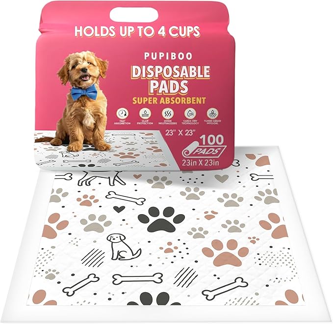 Pupiboo Disposable Dog and Cat Training Pads Highly Absorbent Pee Pads, Leak Proof Backing, for Housebreaking & Potty Training – 23x23 in (100 Count)