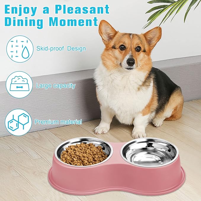 Epetslove Dog Bowls Double Dog Water and Food Bowls Stainless Steel Bowls with Non-Slip Resin Station, Pet Feeder Bowls for Puppy Medium Dogs Cats