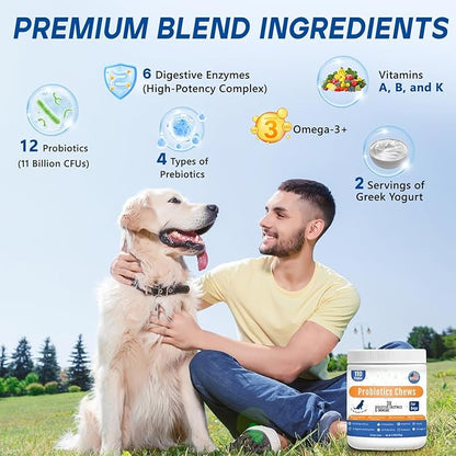 Probiotics for Dogs Dog Probiotic Chews for Yeast Gut Digestive & Immune Health, Itch Relief Ears Skin & Coat with 11Billion CFU Probiotics, 6 Enzymes& 4 Prebiotics, Pumpkin, Omegas & Vitamins,110ct
