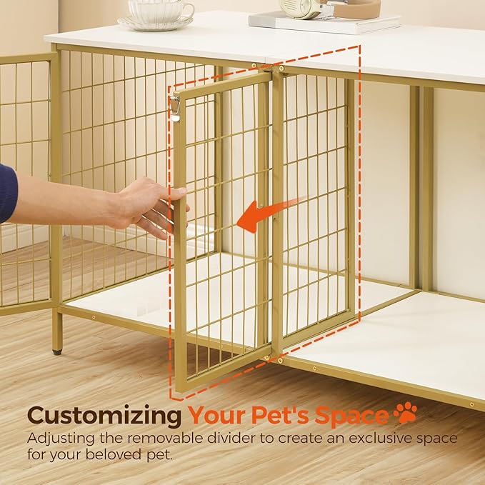 MAHANCRIS Dog Crate Furniture for 2 Dogs, 43.3" Dog Kennel with Removable Divider, Heavy Sturdy Dog Furniture Style Double Cage for Small Medium Dog, Indoor Pet House End Table, White and Gold