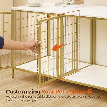 MAHANCRIS Dog Crate Furniture for 2 Dogs, 43.3" Dog Kennel with Removable Divider, Heavy Sturdy Dog Furniture Style Double Cage for Small Medium Dog, Indoor Pet House End Table, White and Gold