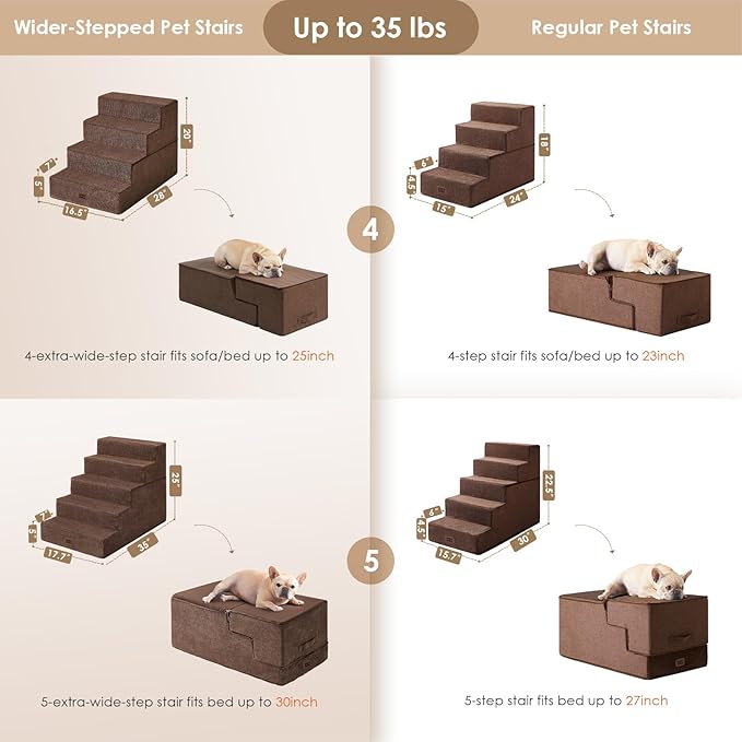 EHEYCIGA Dog Stairs for High Bed 25" H, 5-Step Extra Wide Dog Steps for Bed, Pet Steps for Small Dogs and Cats, Non-Slip Balanced Pet Ramp Indoor, Brown