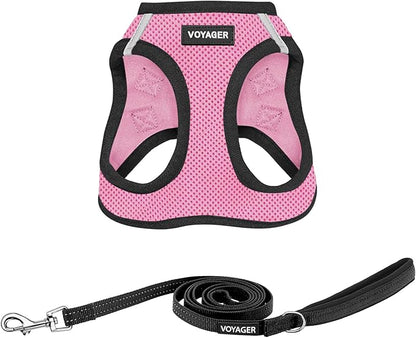 Best Pet Supplies Voyager Step-in Air All Weather Mesh Harness and Reflective Dog 5ft Leash Combo with Neoprene Handle, for Small, Medium and Large Breed Puppies - Set (Pink Base), Small