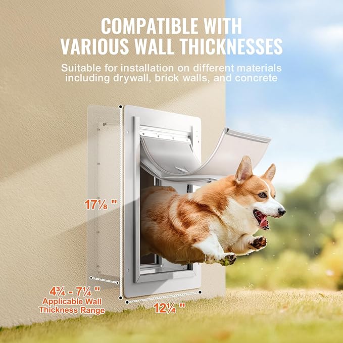 VEVOR 3-Flap Pet Door for Wall, Metal Frame with Lock, Energy-Efficient Insulated Pet Door, Easy to Install in Interior or Exterior Walls, Dog Door for Medium Dogs (White-Medium)