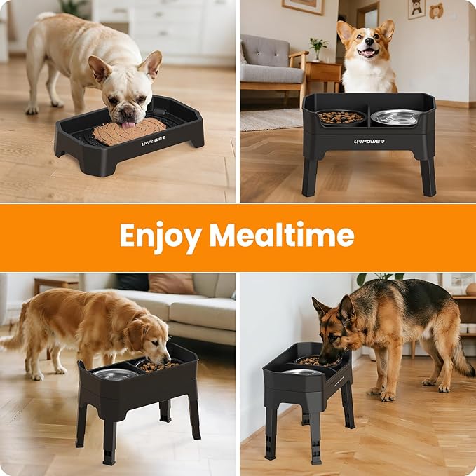 URPOWER 3-in-1 Elevated Dog Bowls - Mess Proof Double Deck 4 Height Adjustable Raised Stand with 2 Stainless Steel Food Bowls & Licking Plate for Small, Medium & Large Dogs