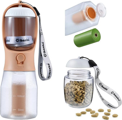 Cibaabo Dog Water Bottle with Food Container & Poop Bag Holder, Travel Water Bowl, Portable Pet Dispenser, Dog Gifts Stuff Accessories Items, Puppy Essentials for Yorkie Chihuahua Walking Hiking