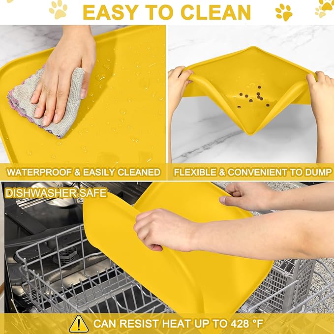 Smilool Silicone Pet Food Mat with Raised Edge for Food and Water Bowl, Dog Feeding Mats, Cat Food Trays for Floor Waterproof, Rubber Tray for Dogs and Cats, 22 x 14 x 0.8 Vivid Yellow