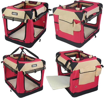 EliteField 4-Door Folding Soft Dog Crate with Curtains, Carrying Bag and Fleece Bed (2 Year Warranty), Indoor & Outdoor Pet Home (20" L x 14" W x 14" H, Red+Beige)