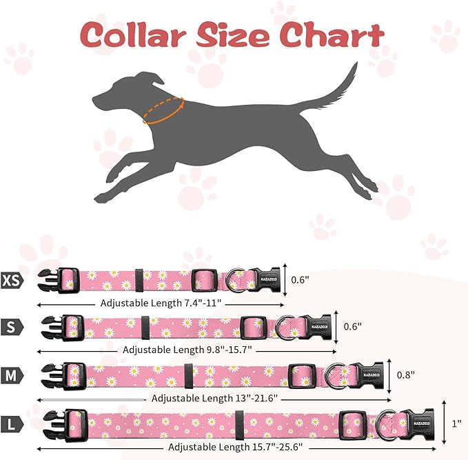 Kazazoo Dog Collar Cute and Soft Nylon Puppy Collar Girl, Adjustable Dog Collars for Small Medium Dogs, Pink Daisy-M