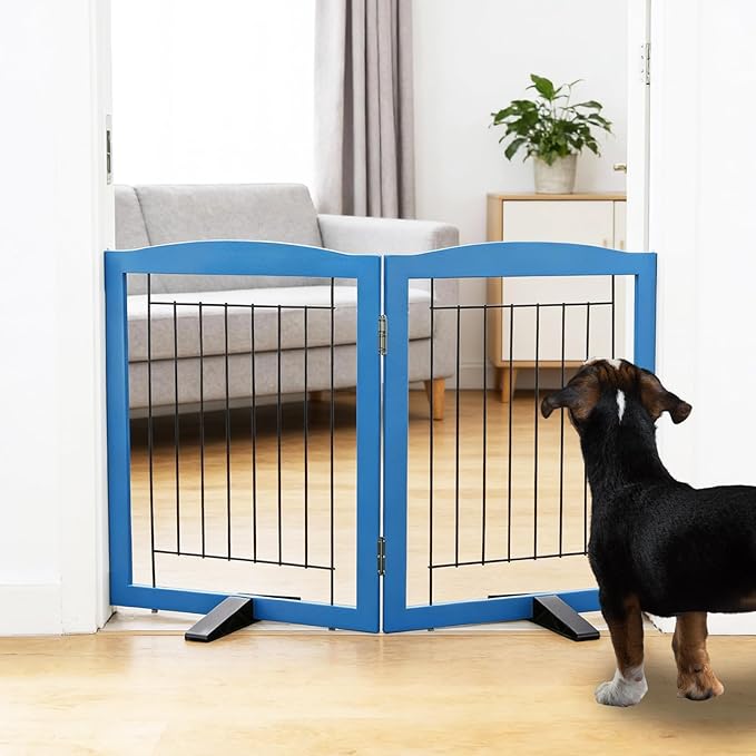 ZJSF Freestanding Dog Fence Indoor, Foldable Dog Gate for Doorways, Stairs or Hallways, Sturdy Wood Extra Wide Pet Gate with Support Feet for The House, Blue, 24 "Height-2 Panels