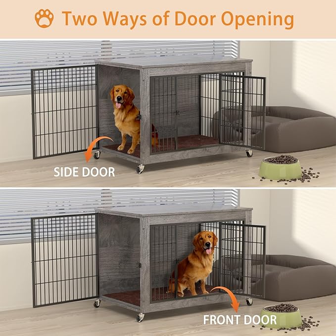 PRETZI Dog Crate Furniture with Cushion,38" Wooden Dog Crate nightstand with Double Doors, Grey Kennel Indoor with Wheels, Decorative Pet House for Medium Large Dog
