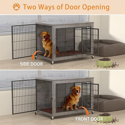 PRETZI Dog Crate Furniture with Cushion,38" Wooden Dog Crate nightstand with Double Doors, Grey Kennel Indoor with Wheels, Decorative Pet House for Medium Large Dog