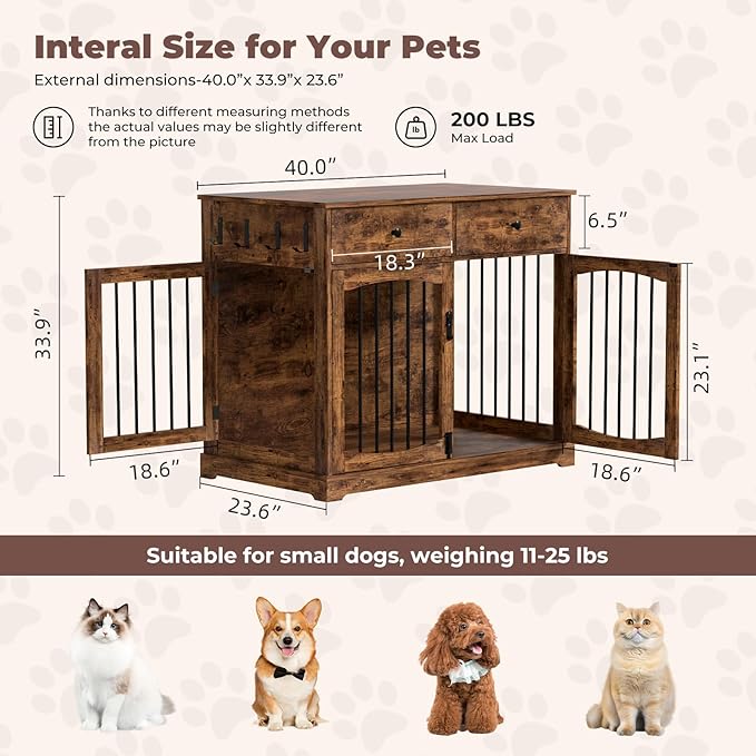 Dog Crate Furniture, Wooden Dog Kennel Furniture, Heavy-Duty Dog Crate End Table with Storage Drawers, Double Doors Decorative Pet Cage House Indoor for Small Medium Dog, 40Inch, Rustic Brown