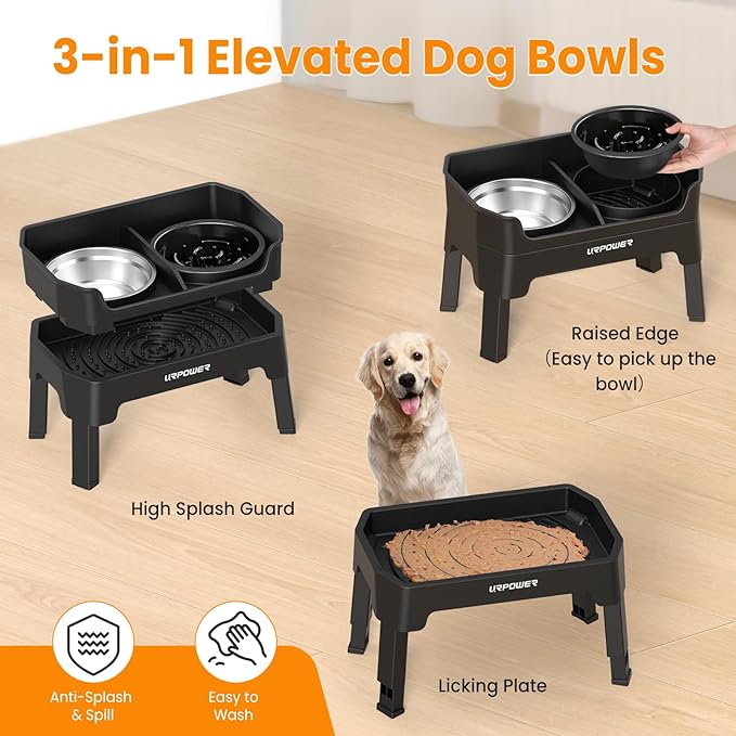 URPOWER 3-in-1 Elevated Dog Bowls - Mess Proof Double Deck 4 Height Adjustable Raised Stand with 2 Stainless Steel Food Bowls & Licking Plate for Small, Medium & Large Dogs