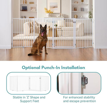No Pawblems Free Standing Dog Gate with Door, 36'' Tall Foldable Dog Fence for Indoor & Outdoor, Up to 78 Inch Extra Wide Puppy Gate for Stairs, Hallways, Doorways, Deck, Yard (White, 3 Panels)