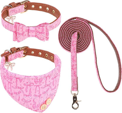 EXPAWLORER Dog Collar and Leash Set - Pink Bowknot Dog Bow Tie and Dog Bandana Collar with Bell, Dog Leash Tangle Free, Adjustable Collars for Small Medium Large Dogs Cats, Holiday Ideal Gift, S
