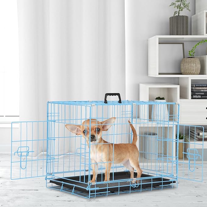 Wire Dog Crate 24 Inch Dog Kennel Cage, Double Door Folding Dog Cage, Wire Dog Kennel with Removable Tray, Indoor&Outdoor,Blue