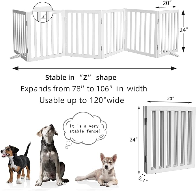 Foldable Indoor Dog Gate for The House Freestanding Stairs Nature Wooden White Pet Gate for Doorway Puppy Gate for Dogs Expandable Dog Fence for Stairs or Hallways 24"" Height 6 Panels