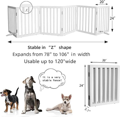 Foldable Indoor Dog Gate for The House Freestanding Stairs Nature Wooden White Pet Gate for Doorway Puppy Gate for Dogs Expandable Dog Fence for Stairs or Hallways 24"" Height 6 Panels