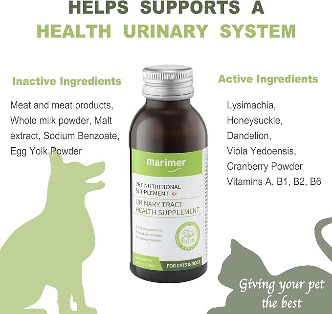 MARIMER Urinary Health Liquid Supplement for Cats for Dogs – Cranberry, Herbal Extracts & Vitamins – Supports Urinary Tract, Reduces Infections & Stones – All Life Stages, 3.38oz (100ml)