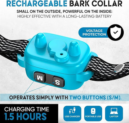 Tiny Bark Collar for Small Dogs 5-15 lbs and Puppies - No Shock Anti Barking Collar - Rechargeable Smart Collar for Dog Training with 7 Sensitivity Levels and 3 Beep&Vibration Modes (Blue)