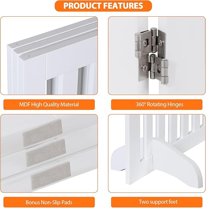 Dog Gate 60 x 36 Inch Freestanding Indoor Pet Door for House Doorways Stairs Halls, Foldable Wood Safety Fence 3 Panels, White