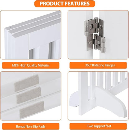 Dog Gate 60 x 36 Inch Freestanding Indoor Pet Door for House Doorways Stairs Halls, Foldable Wood Safety Fence 3 Panels, White