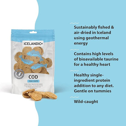 Icelandic+ Fish Chips: Cod - 2.5oz Bag,Dog Treats,Pure Wild-Caught & Air-Dried,Ingredient Crunchy Pet Snacks,Just The Fish Nothing Else,(Pack of 2)