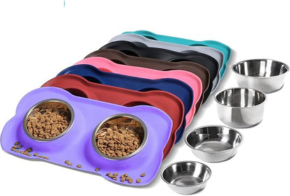 Hubulk Pet Dog Bowls 2 Stainless Steel Dog Bowl with No Spill Non-Skid Silicone Mat + Pet Food Scoop Water and Food Feeder Bowls for Feeding Small Medium Large Dogs Cats Puppies (Large, Purple)