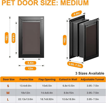 Doggy Door, All Aluminum Dog Door for Wall, Medium Doggie Pet Door, with Closing Panel, 2 Magnetic Flaps Energy Efficient, Wide Telescoping Tunnel for Interior & Exterior Walls, Pet Up to 45Lbs Black