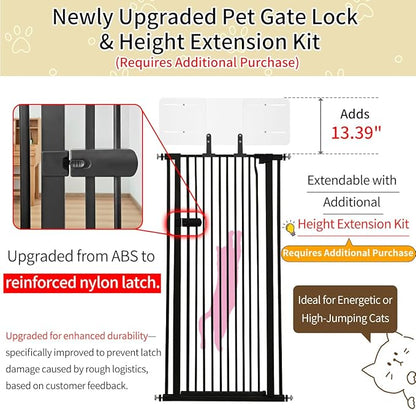 Lumizone Extra Tall Cat Gate 55.12" High Pressure Mounted Extra Wide 2025 New (17 Sizes) 1.37" Gap No Drilling Auto-Close One-Handed Operation Tall Pet Gate for Dogs(Black, 55.12" H x 29.92"-34.24" W)