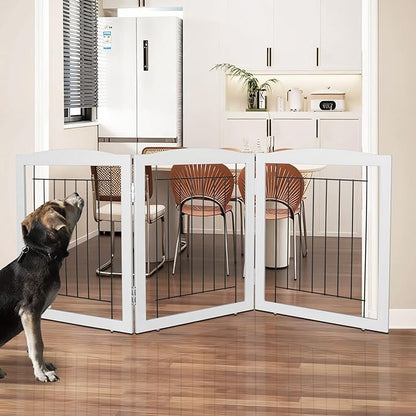 ZJSF Freestanding Foldable Dog Gate for House Extra Wide Wooden Grey Puppy Gate Stairs Dog Gates Doorways Tall Pet Gate 24" Height 3 Panels Pet Fence