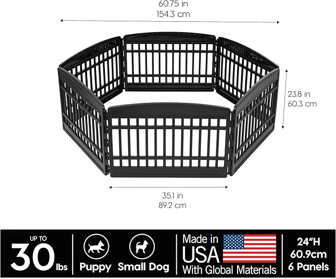 IRIS USA Dog Playpen Puppy Playpen Indoor – 24" 6-Panel Dog Playpen, 61 x 61 x 24, Dog Play Pen Indoors for Puppies & Small Dogs, Plastic Pet Playpen, Indoor Dog Pen, Black