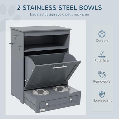 PawHut Dog Feeding Station with Raised Bowls & Storage Cabinet, Pet Feeder Cabinet Container with Hanger for Feeding & Watering Supplies, Dog Food Organizer, Gray