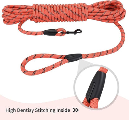 Long Dog Leash for Training 30Ft-Reflective Nylon Rope with Swivel Hook-Recall Agility Lead for Large Small Medium Dogs Outside Walking Hiking-Orange Diam 1/2"
