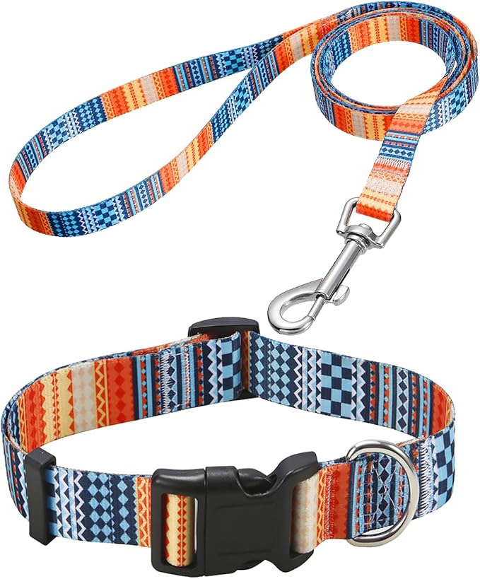 Mihqy Dog Collar and Leash Set with Bohemia Floral Tribal Geometric Patterns - Soft Ethnic Style Collar Adjustable for Small Medium Large Dogs(Bohemian Orange Set,M)