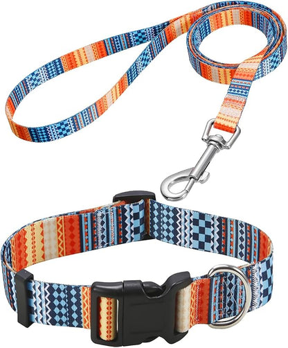 Mihqy Dog Collar and Leash Set with Bohemia Floral Tribal Geometric Patterns - Soft Ethnic Style Collar Adjustable for Small Medium Large Dogs(Bohemian Orange Set,M)