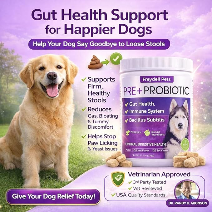 Freydell Pets Probiotics for Dogs– Digestive Enzymes, Prebiotics & Fiber Soft Chews – Gut Health, Diarrhea Relief, Yeast Balance, Immune Support, Pumpkin & Papaya – Dog Probiotic Supplement 120 Chews