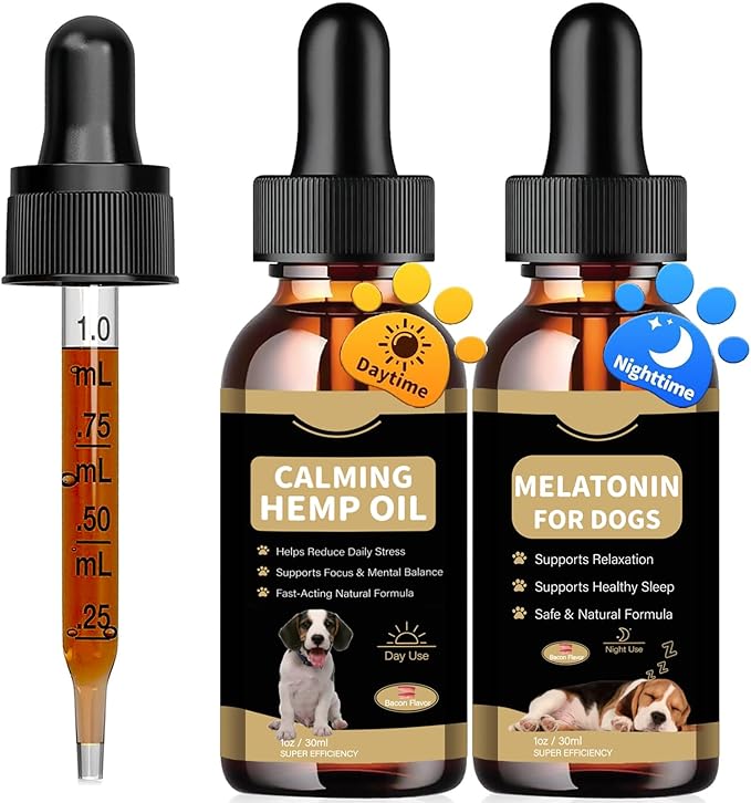 Hemp Oil & Melatonin for Dogs, Day & Night Calming Drops Support Set, Helps with Anxiety, Stress, Aggression, Separation, Relaxation & Sleep Aid