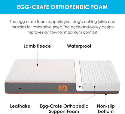 Orthopedic Dog Bed for Large Dogs - Big Waterproof Dog Crate Bed with Removable Washable Cover, Egg Crate Foam Support, Anti-Slip Bottom, Deluxe Plush Pet Bed Mat (Light Grey)