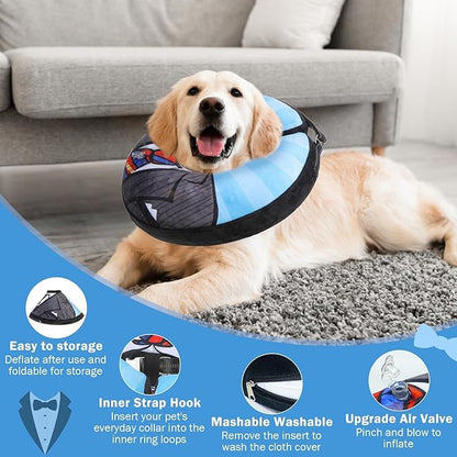 SCENEREAL Dog Cone Alternative After Surgery Pet Recovery Collar for Small Medium Large Dogs Cats, Adjustable Inflatable Donut to Prevent Licking, Black Suit Print E-Collars