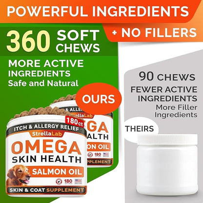 STRELLALAB Omega 3 for Dogs - (360Ct) Fish Oil Treats - Allergy & Itch Relief Skin & Coat Supplement - Dry Itchy Skin, Anti Shedding & Hot Spots Treatment - Pet Salmon Oil Chews - Smoked Salmon