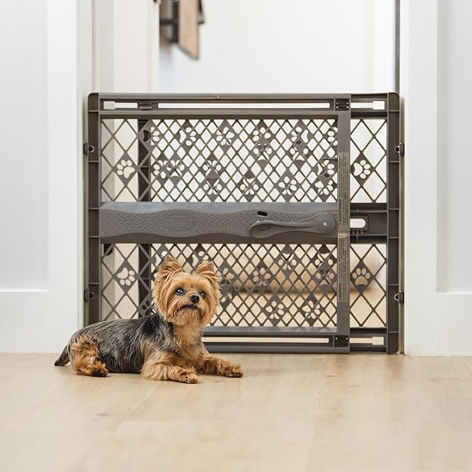 MYPET North States Paws Portable Pet Gate: 26-40" Wide. Pressure Mount. No Tools Needed. Made in USA, 23" Tall, Expandable, Durable Dog Gates for Doorways, Fieldstone Gray