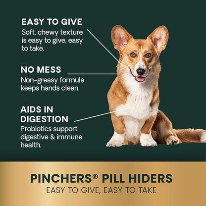 VetriScience Pinchers Pill Hiders Chews, Non-Greasy with Probiotics for Dogs, Disguise Small Capsules and Tablets, Soft and Chewy, Gut and Immune Support, Peanut Butter, 45 Count