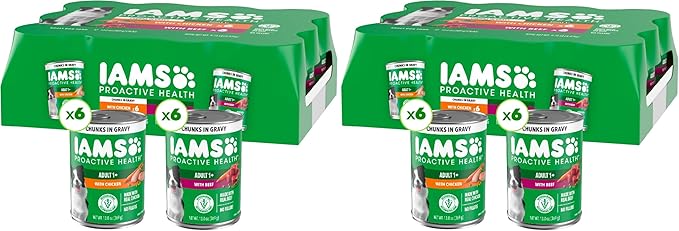 Iams Proactive Health Wet Dog Food, Chicken Chunks in Gravy and Beef Chunks in Gravy, 13 oz., Pack of 24