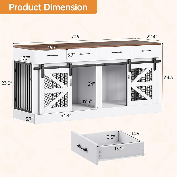 Dog Crate Furniture with Removable Divider & 4 Storage Drawers - 71" Large Wooden Dog Kennel Indoor End Table for 2 Dogs, Multi-Functional Dog Cage Furniture for Medium & Large Dogs