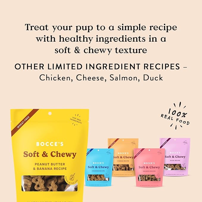 Bocce's Bakery Oven Baked PB & Banana Recipe Treats for Dogs, Wheat-Free Everyday Dog Treats, Real Ingredients, Baked in The USA, Natural Soft & Chewy Cookies, Peanut Butter & Banana, 6 oz