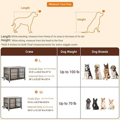 Lulive 37.8" Dog Crate Furniture, Large Wooden Dog Kennel Indoor with 360°& Adjustable Raised Dog Bowls, Double Doors Furniture Decorative Side End Table Dog Cage for Medium Dogs, Grey